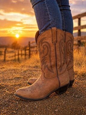 Red Head Cowboy Boots Women 8.5 M Brown Leather Western Embroidered